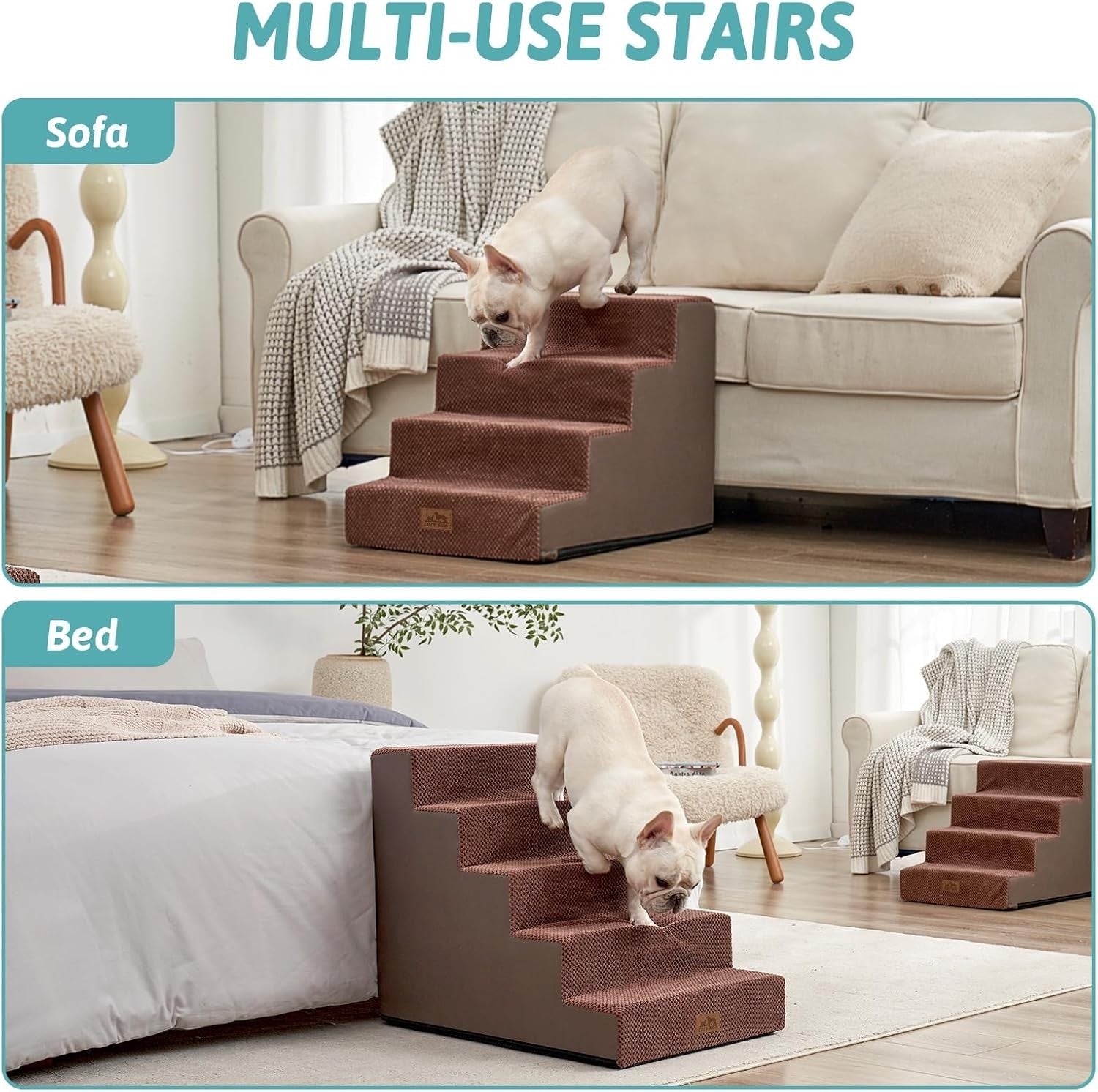 Wide Dog Stairs Non-Slip Pet Steps for Small Dogs Cats Puppy 75x50x60cm Brown