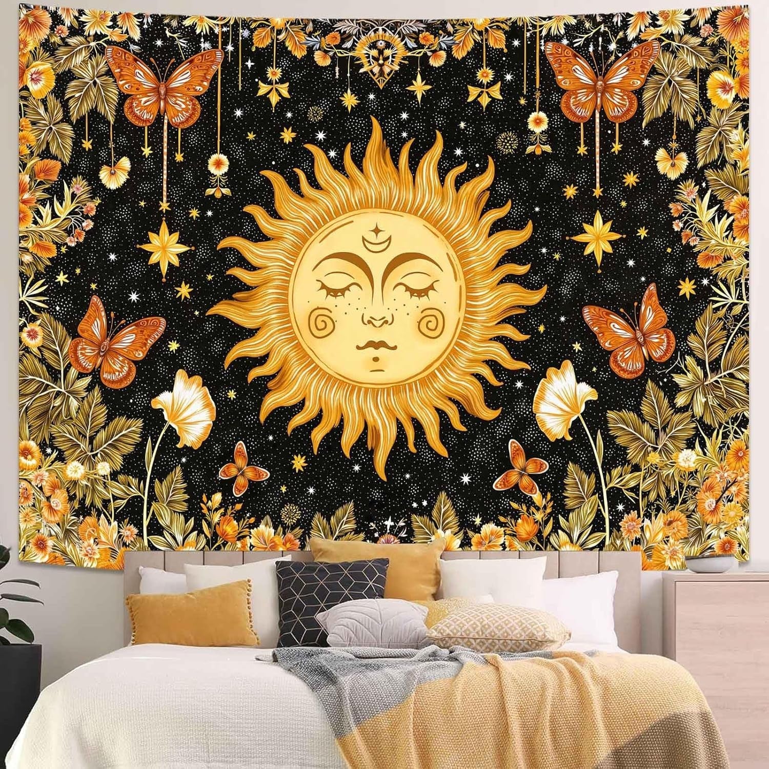 Sun Face Tapestry Celestial Butterflies Stars Boho 44x60