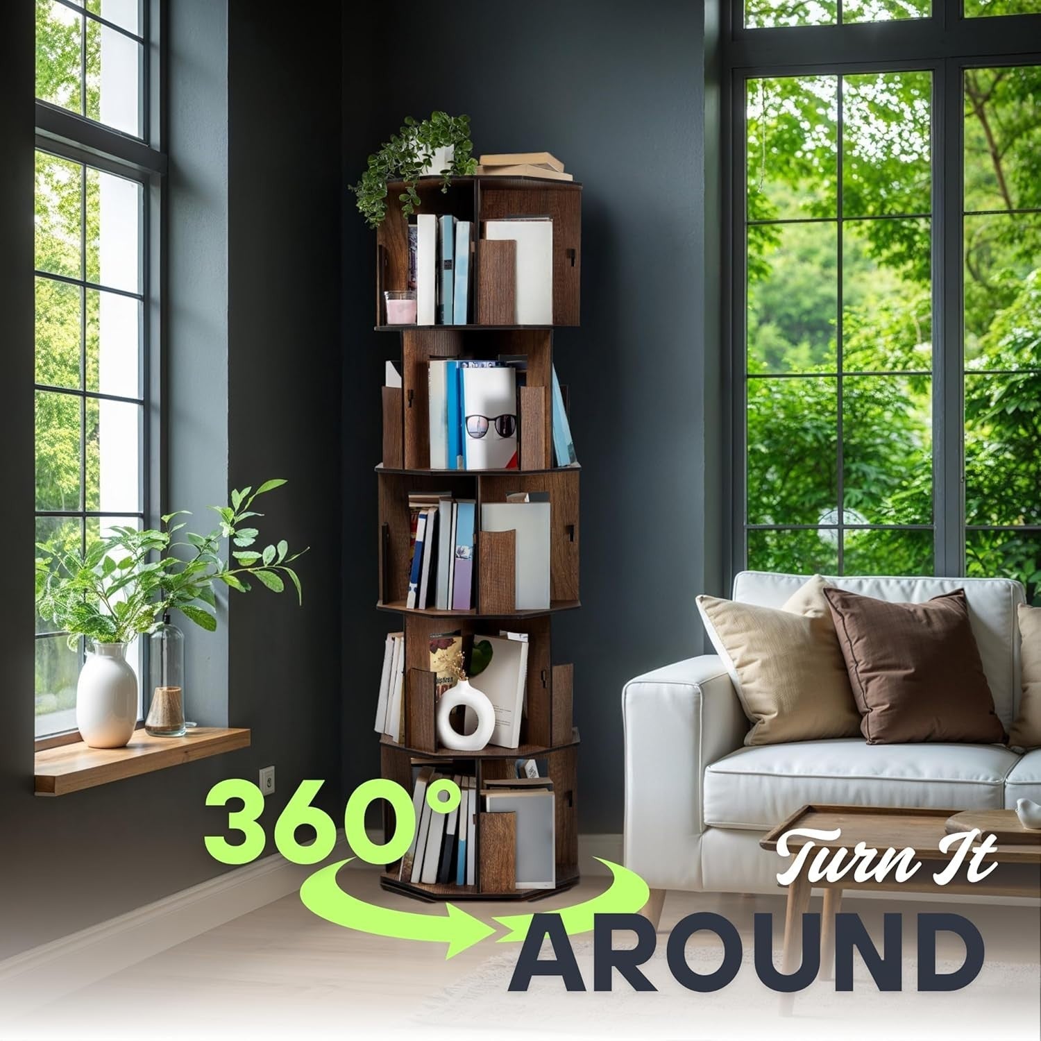 5 Tier Rotating Kids Bookshelf Corner Shelf Walnut Wooden Storage Organizer
