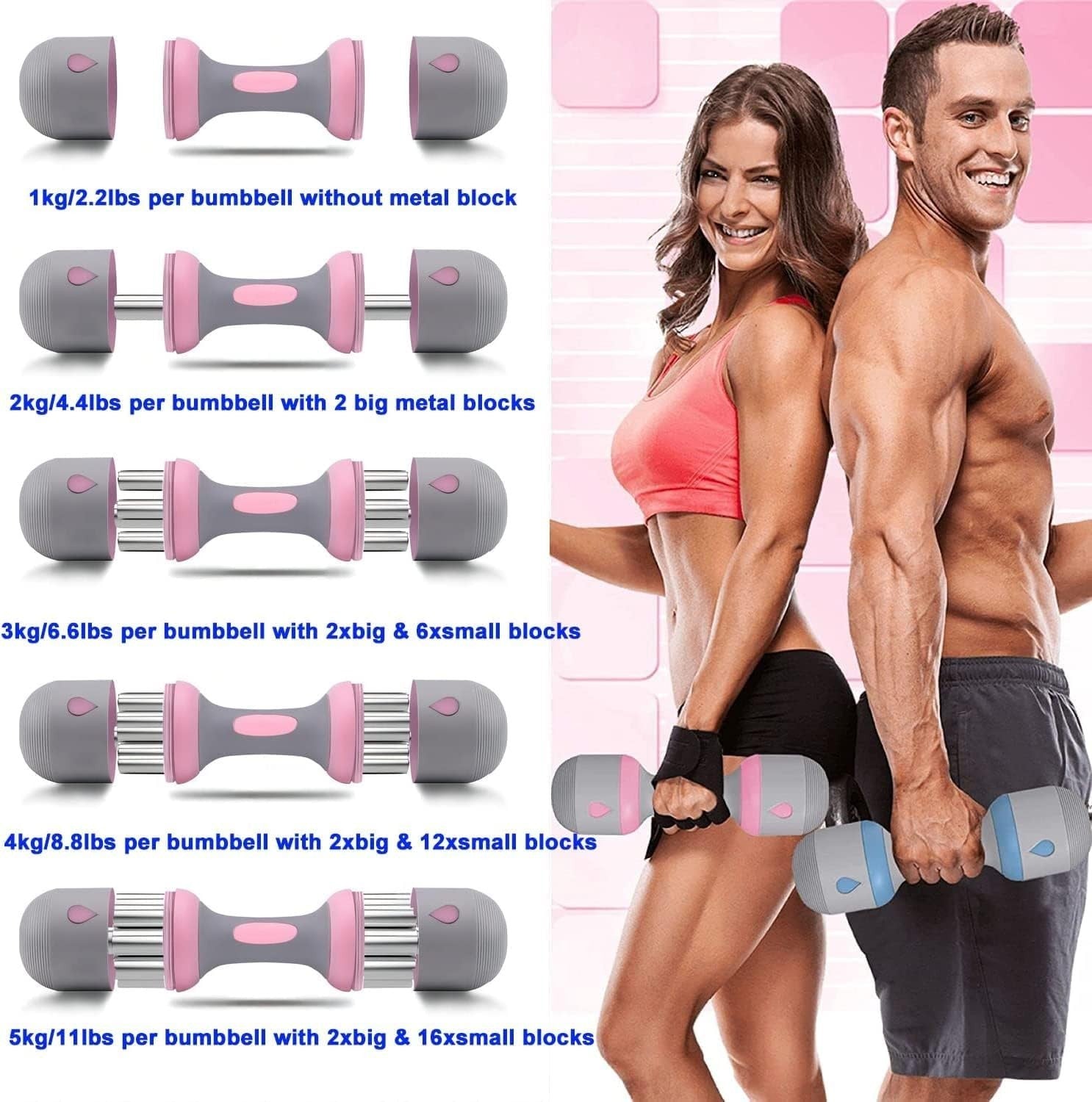 Adjustable Dumbbell Set 2–10kg Non-Slip Home Fitness Weights Pink Grey