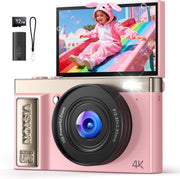 Pink 4K 64MP Vlogging Camera Flip Screen 16X Zoom Compact Camera