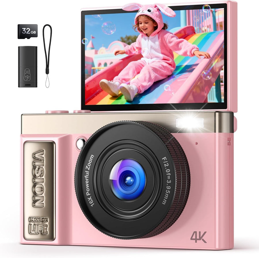 Pink 4K 64MP Vlogging Camera Flip Screen 16X Zoom Compact Camera