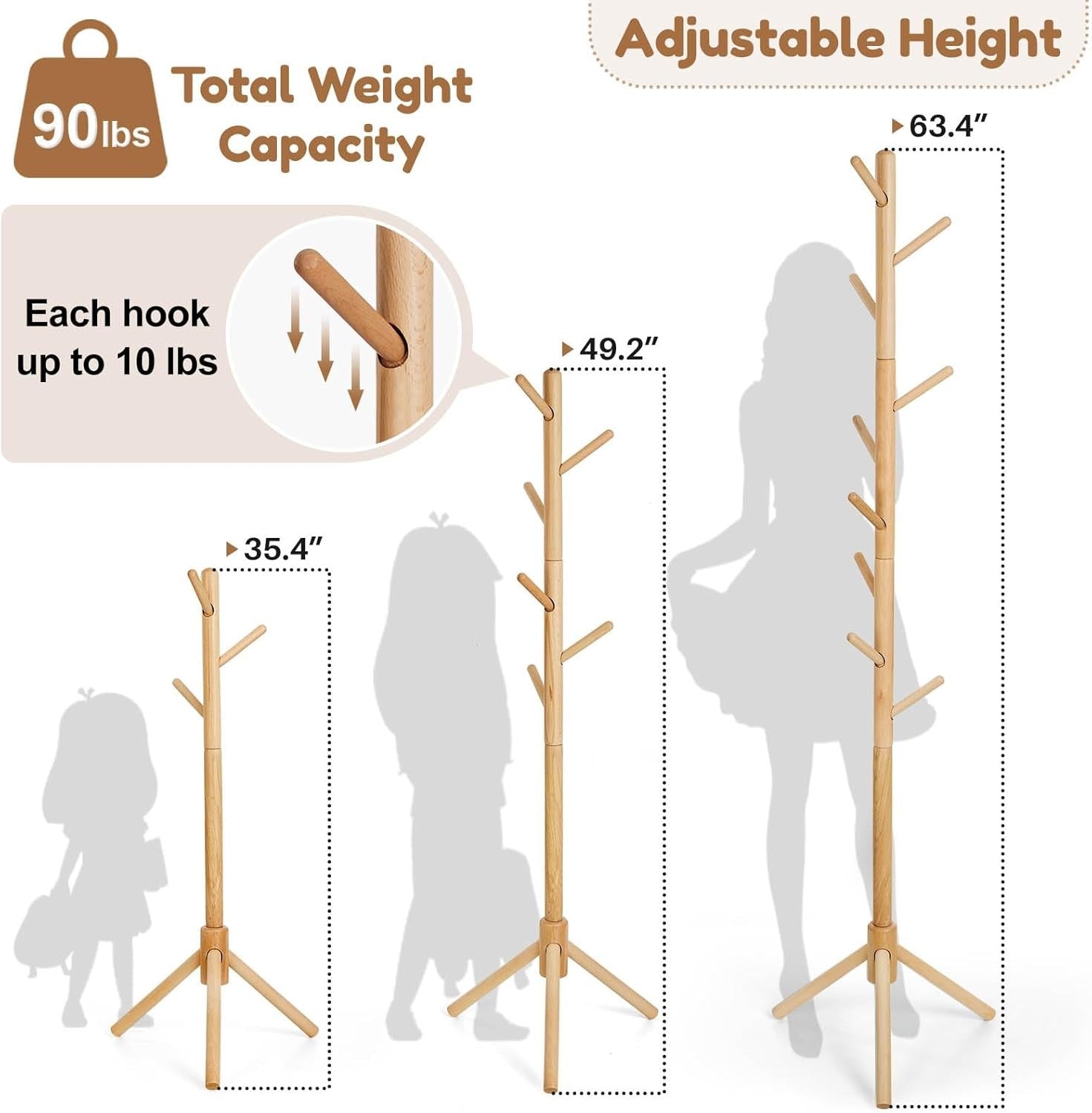 Kids Adjustable Wooden Coat Stand | 9 Hook Beech Wood Freestanding Rack
