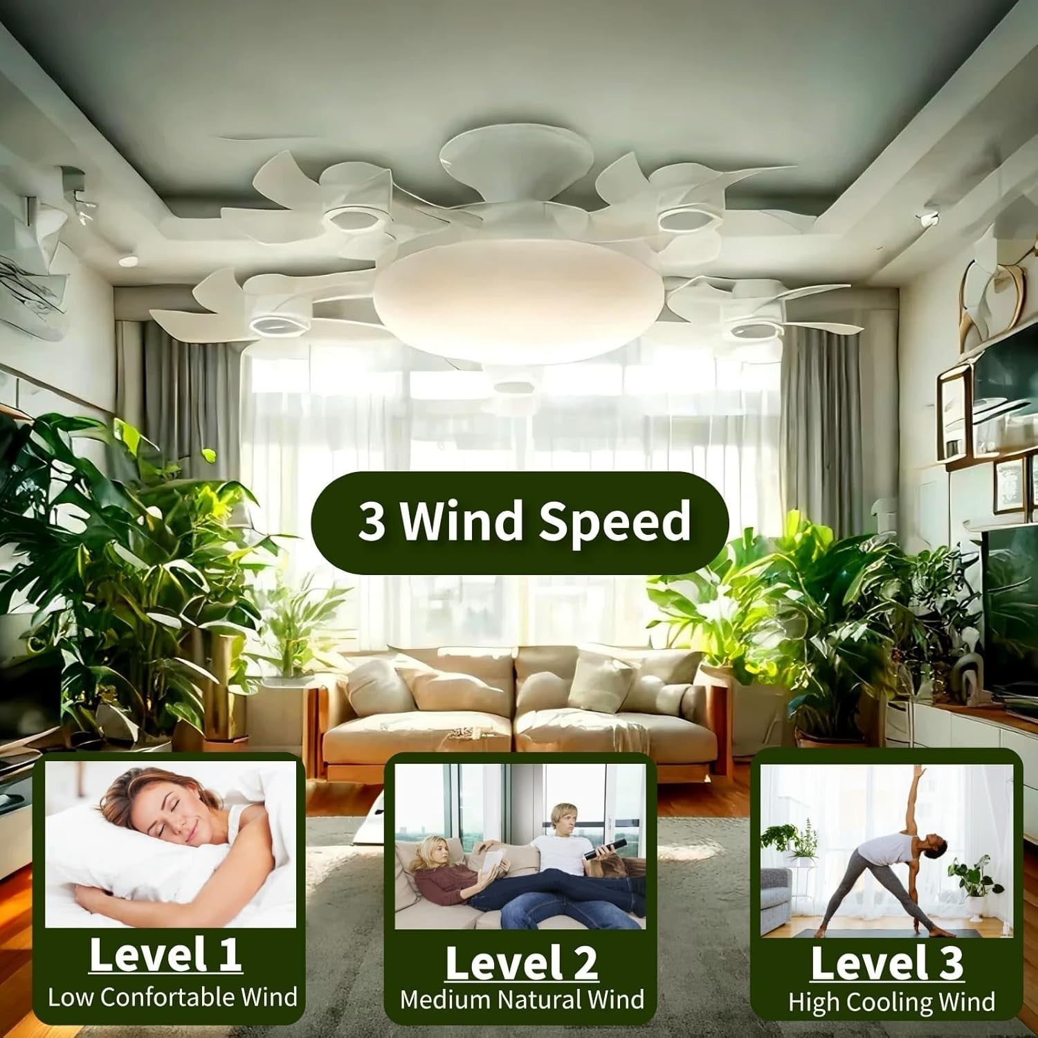 Credelin 5-Head Ceiling Fan Light, E27 Socket, 3-Speed, Remote, Dimmable