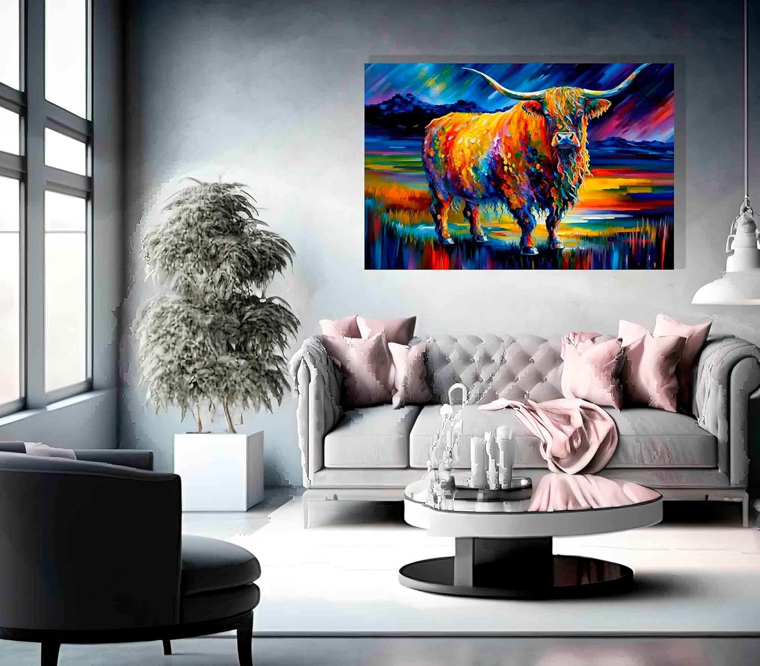 Large Highland Cow Canvas Wall Art Colourful Abstract Farm Animal Print 101x76cm