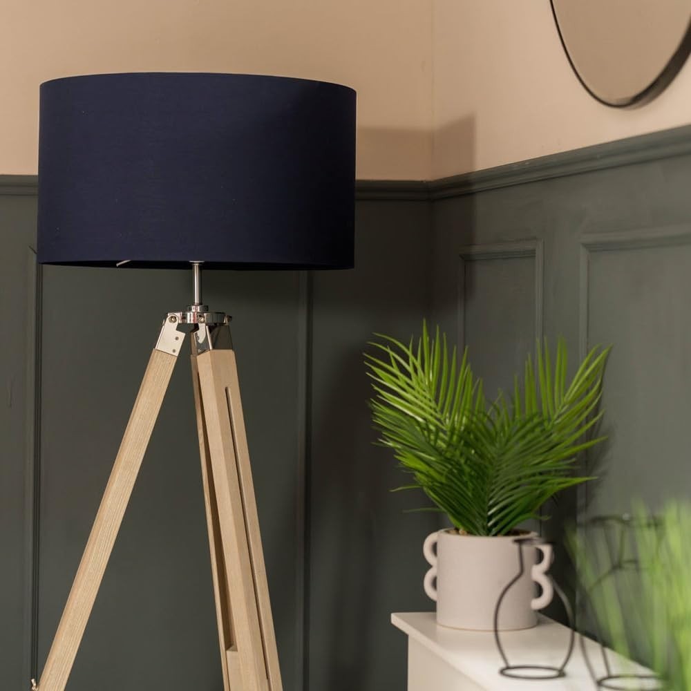 Modern Tripod Floor Lamp with Navy Drum Shade, Wood & Chrome, 154cm