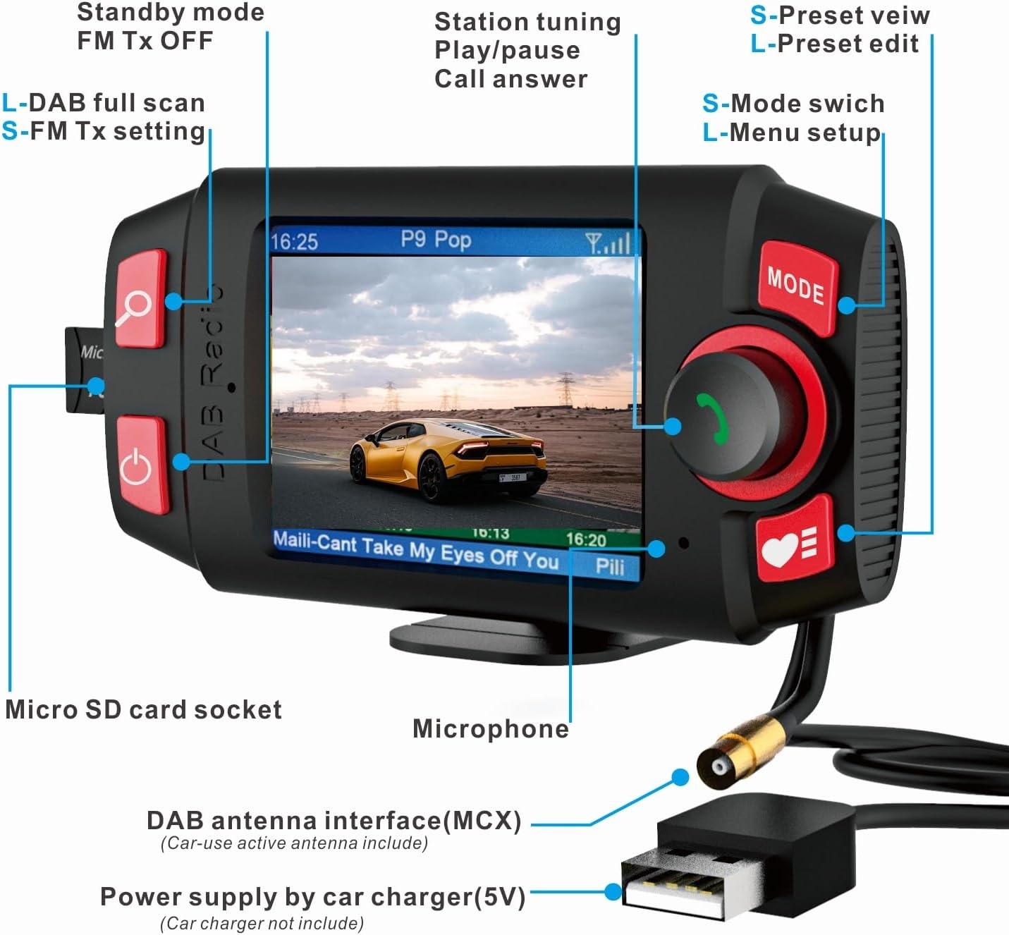 DAB/DAB+ Car Radio Adapter 2.4" LCD Bluetooth