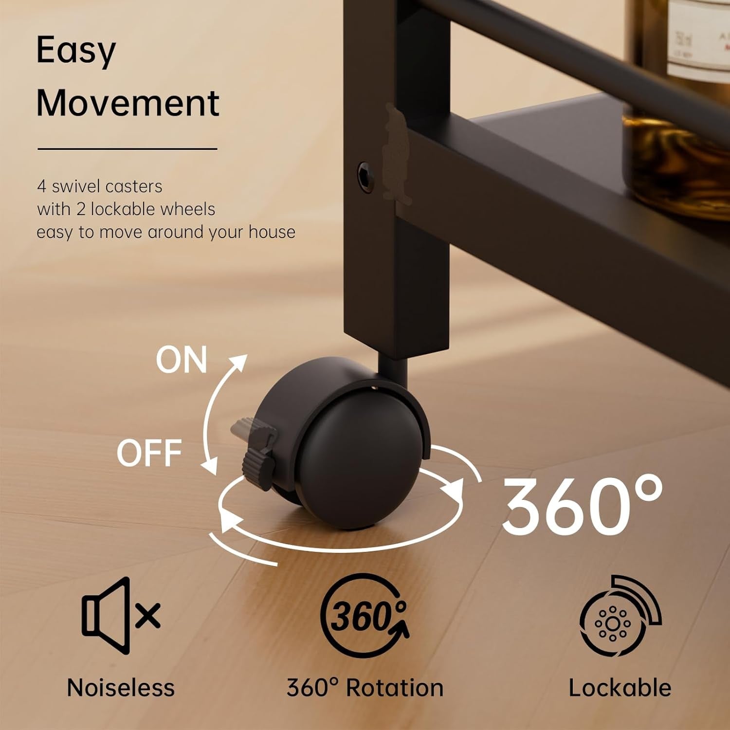 3 Tier Bar Cart Black Rolling Drinks Trolley with Storage Shelves Wheels