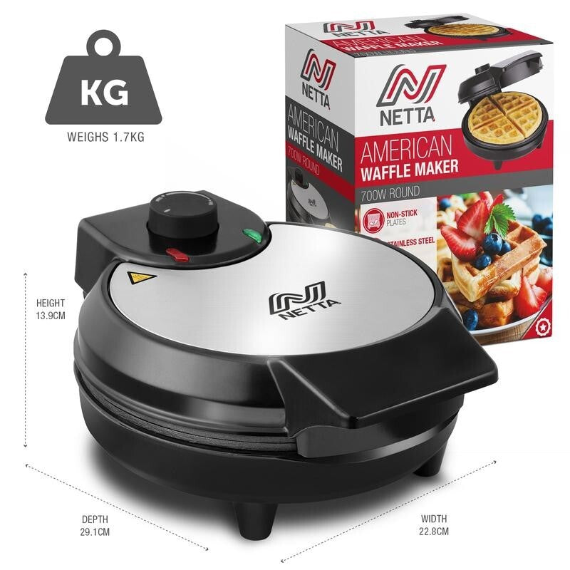 NETTA 700W Waffle Maker Non-Stick Iron Adjustable Temp Compact Breakfast Grill