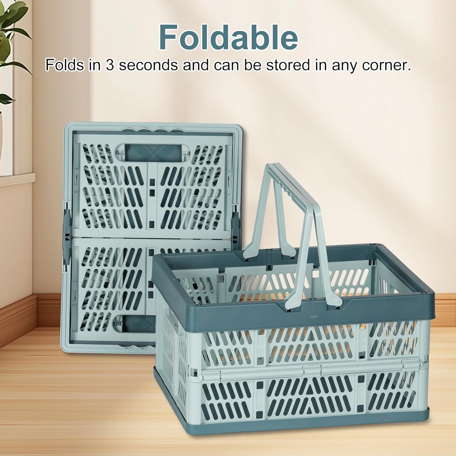 2 Pack 30L Folding Plastic Storage Crates Stackable Collapsible Blue