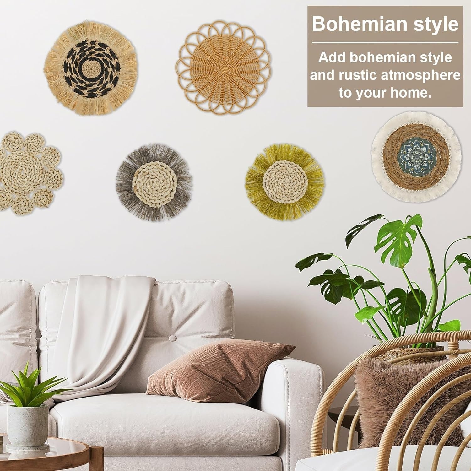 7 Pcs Boho Woven Wall Baskets Handmade Rattan Decor 4 Sizes