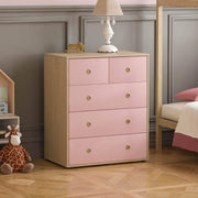 5 Drawer Chest Modern Bedroom Storage Cabinet Kids Furniture Pink Oak