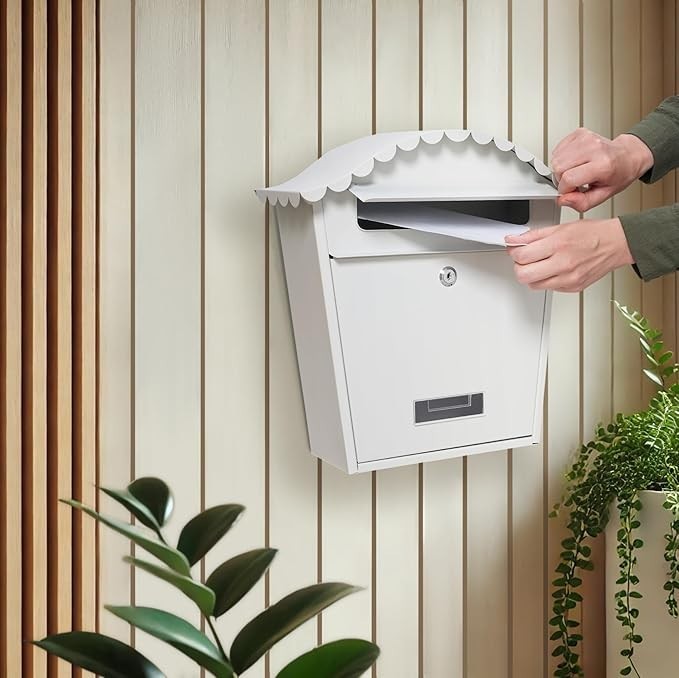 Lockable Wall Mounted Mailbox White – Weatherproof Steel Post Box w/ Keys