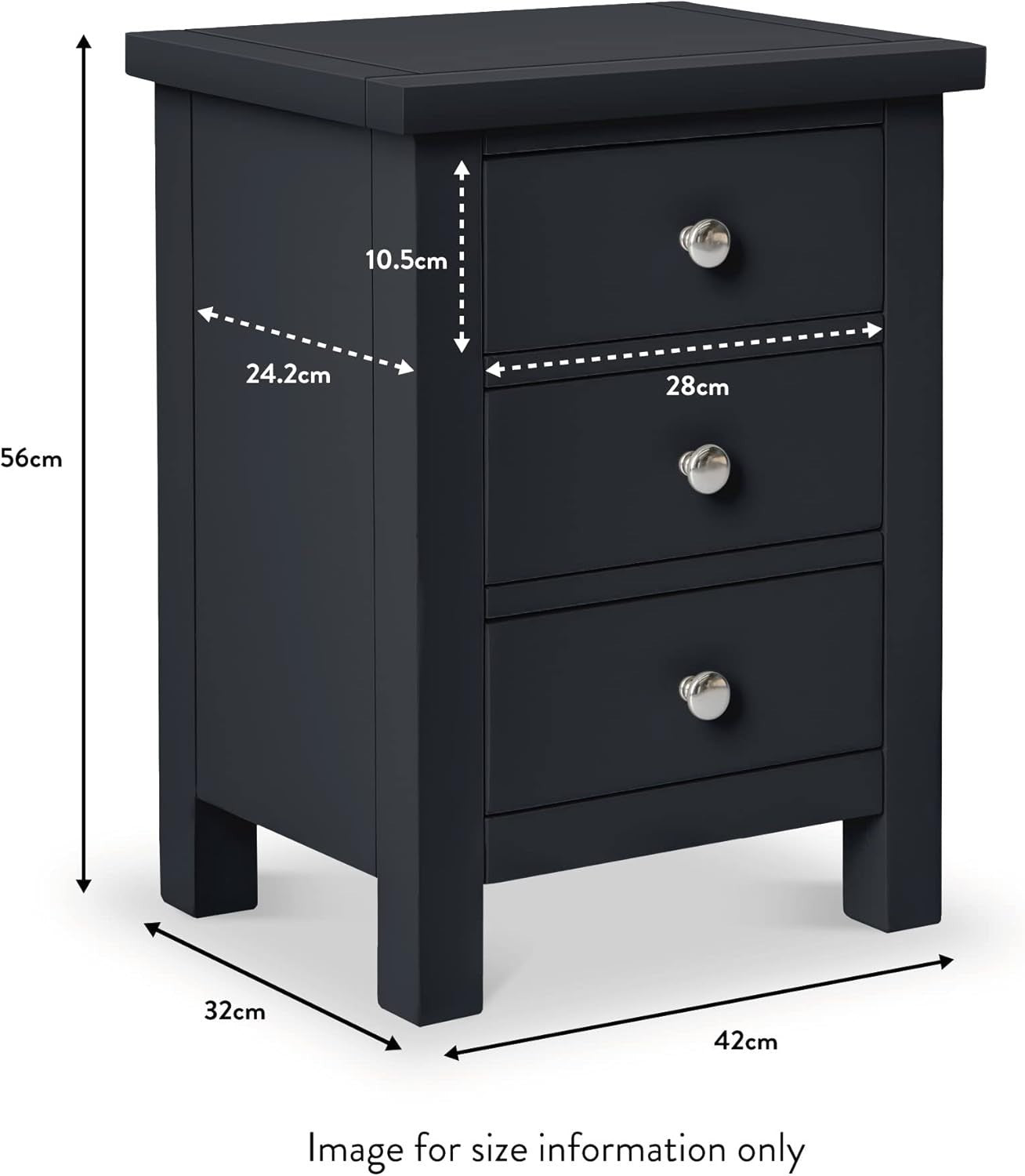 Black Solid Wood 3 Drawer Bedside Table Fully Assembled 42x32x56cm Modern