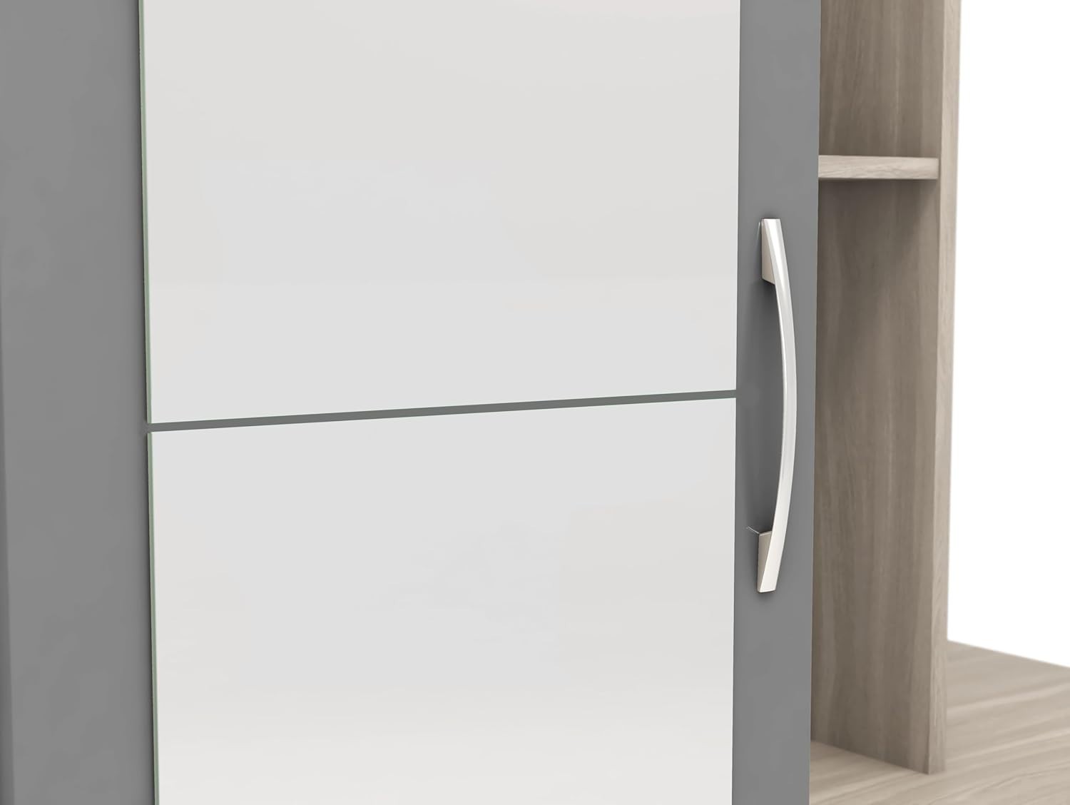 Grey Gloss Wardrobe with Mirror & Drawers Oak Effect Storage Unit