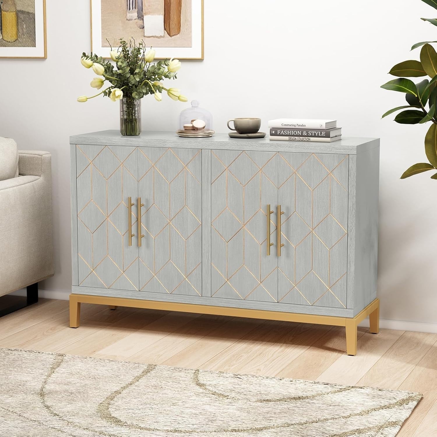Luxury 4 Door Sideboard Cabinet Storage Unit Gold Trim Buffet Cupboard