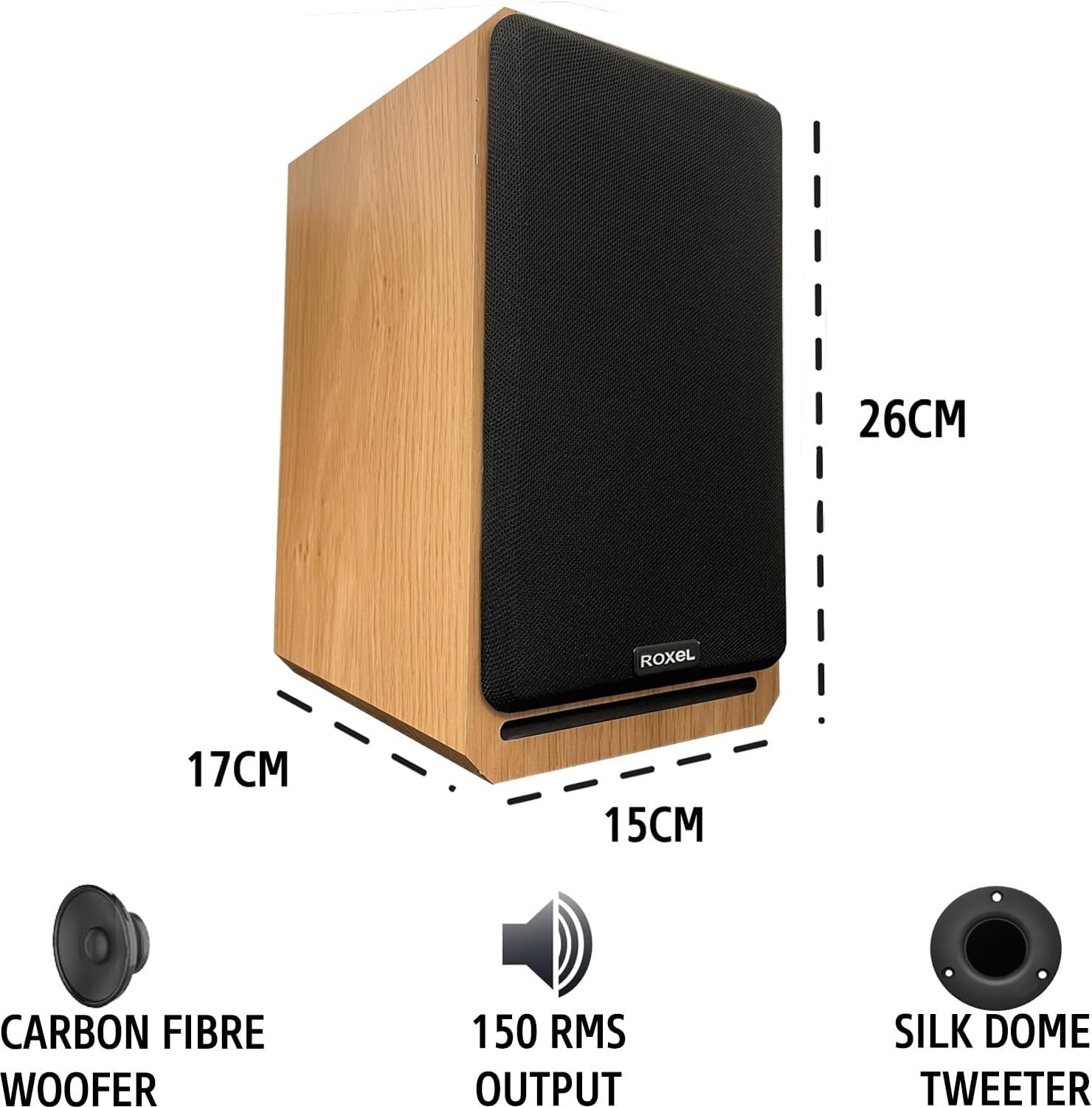 Bookshelf Speakers 150W RMS Deep Bass Wood Cabinet Carbon Fibre Woofer Hi-Fi