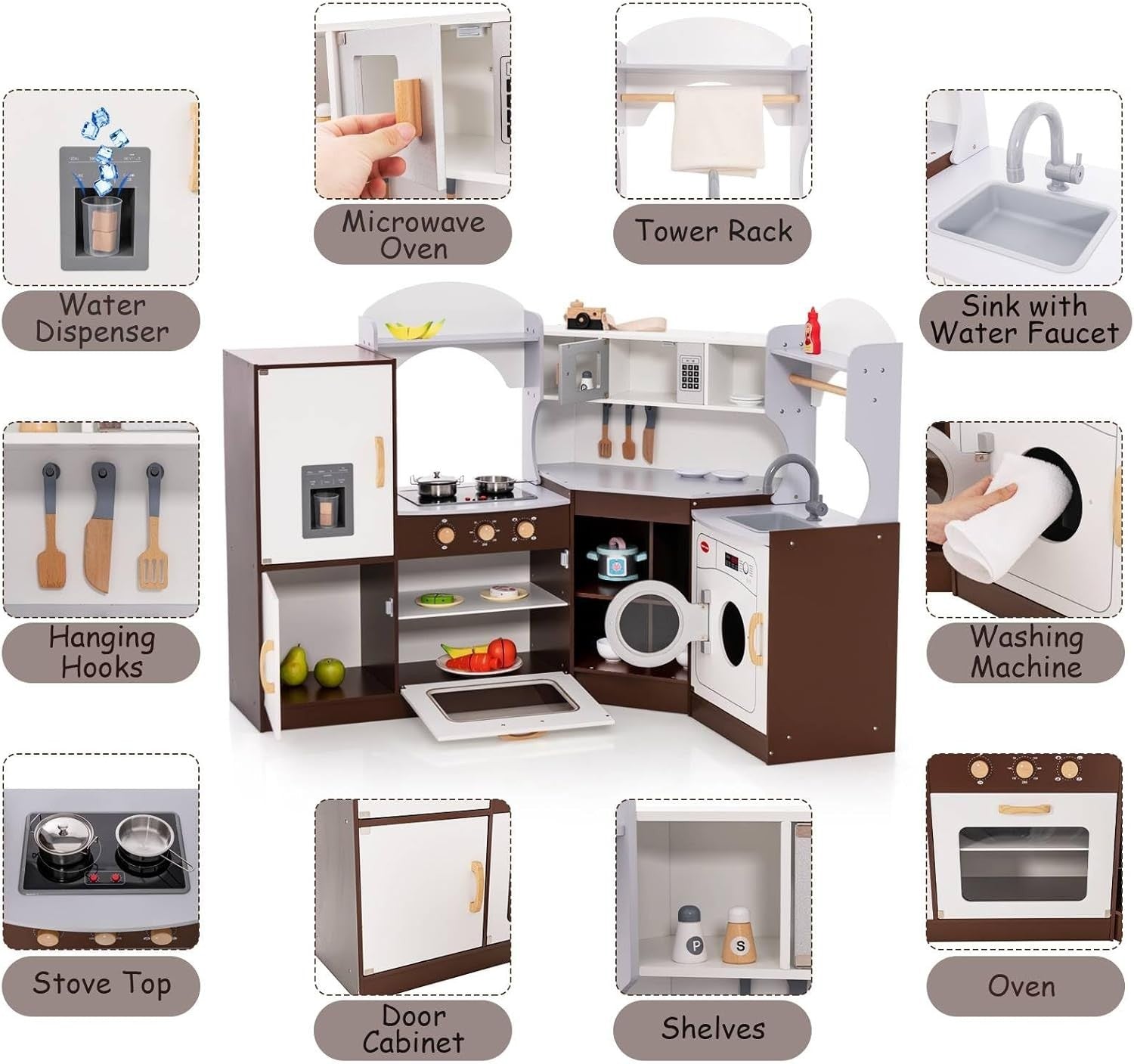 Kids Wooden Play Kitchen Light Sound Ice Dispenser Cooking Toy Brown