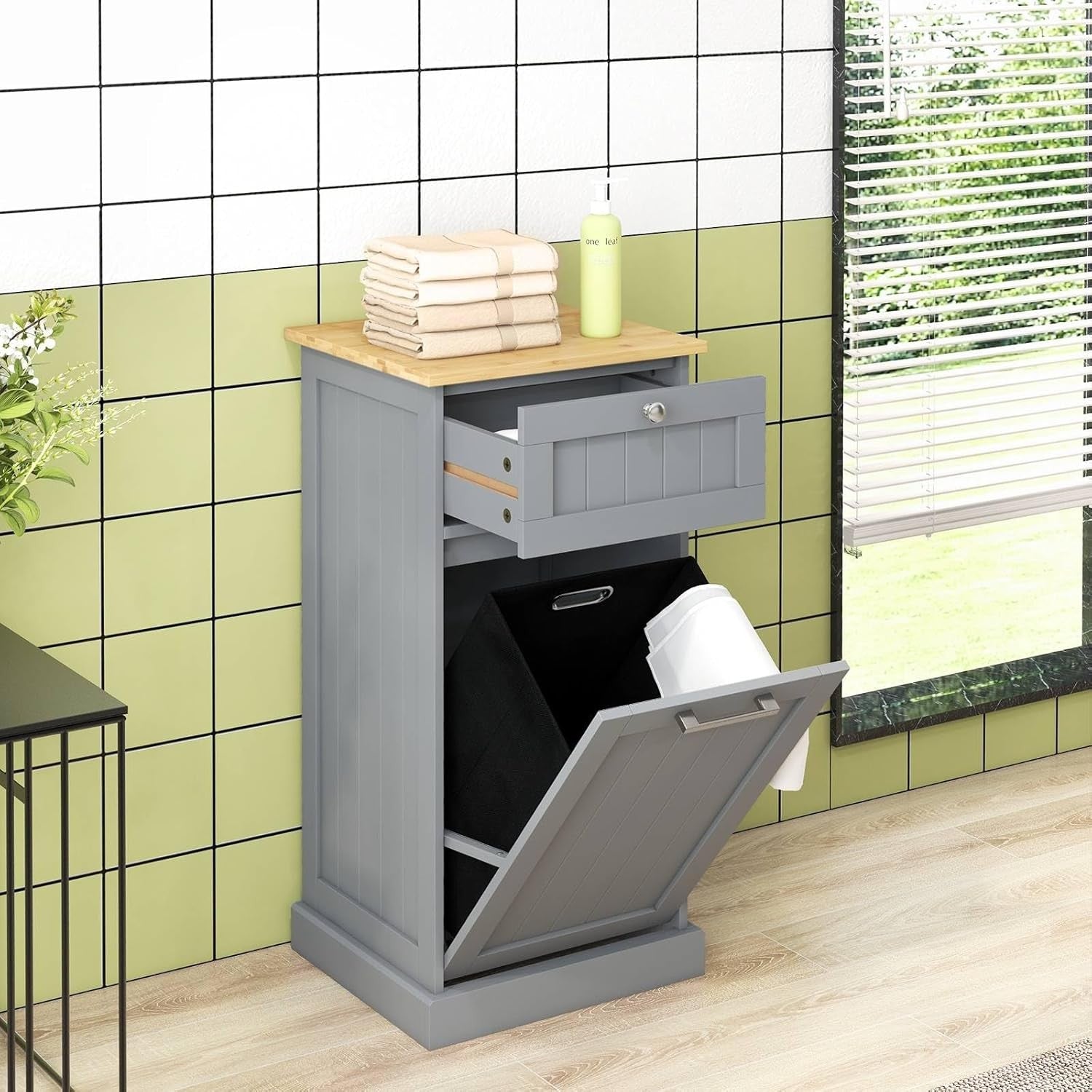 Grey Tilt-Out Laundry Hamper Cabinet with Drawer 30L Basket Bathroom Unit