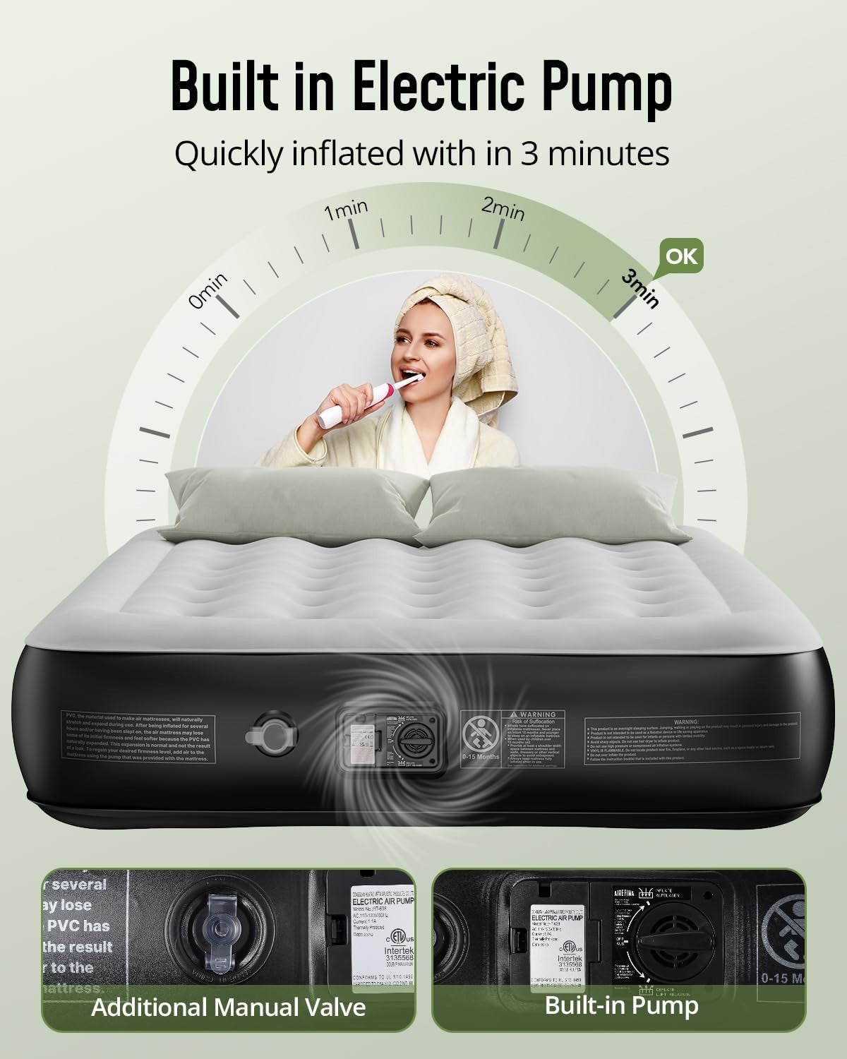 King Size Inflatable Air Mattress with Built-In Pump – 3 Min Setup, Portable Com