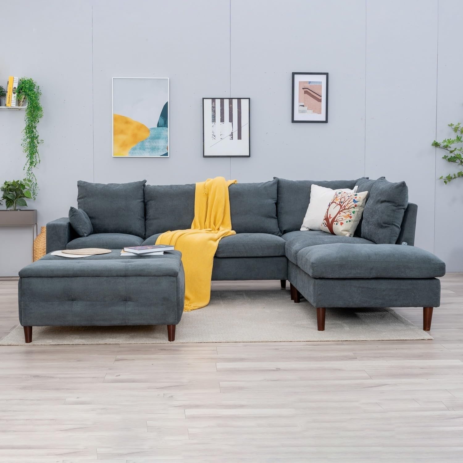 6 Seater Corner Sofa with Chaise Grey Linen L Shape USB Charging Modern Couch