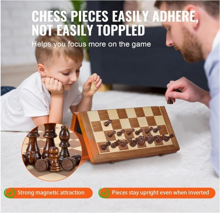 15" Magnetic Wooden Chess Set Folding Board 2-in-1 Chess & Checkers Game