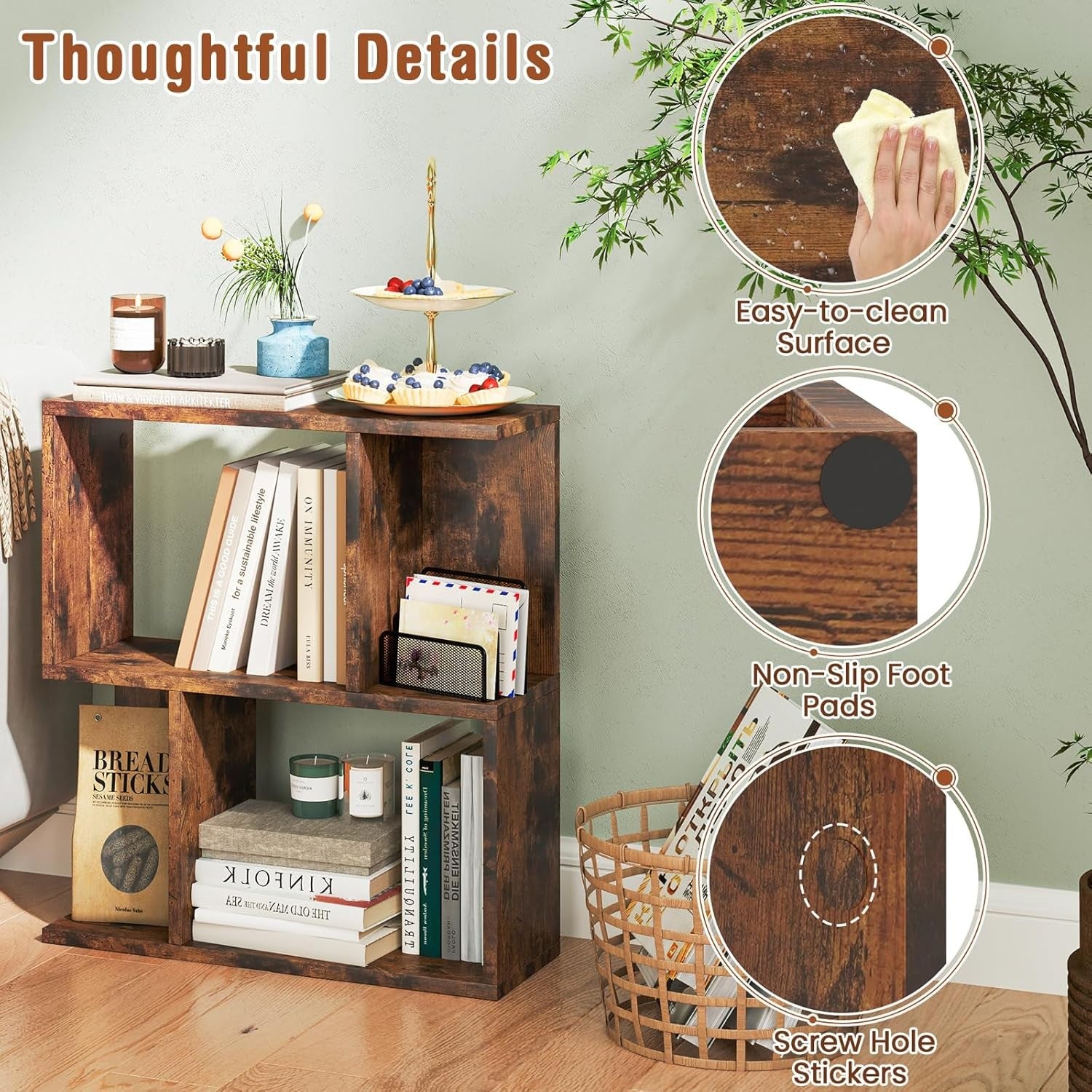 Rustic Brown 3 Tier S-Shaped Bookcase Small Freestanding Display Shelf 50×18×56