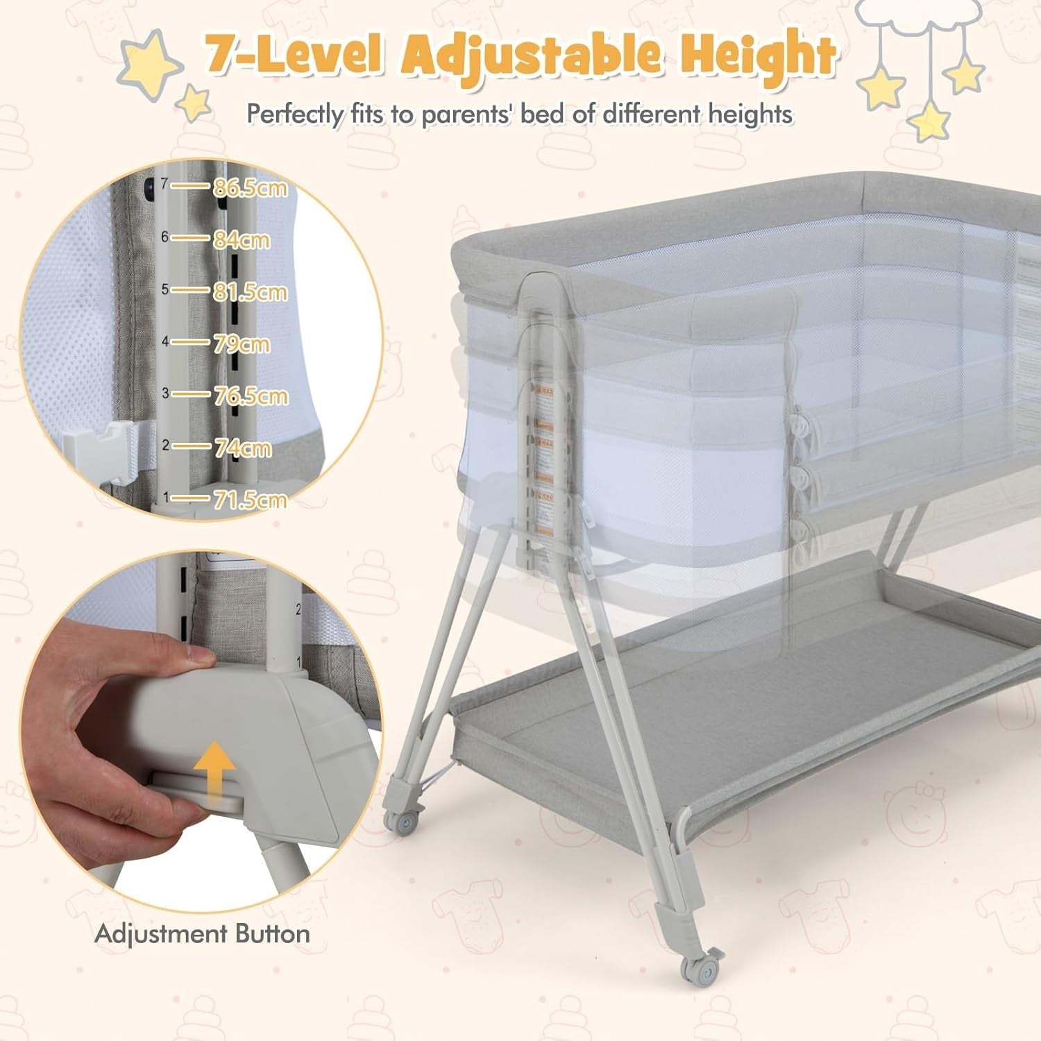 Baby Bedside Crib w/ Mattress 7 Height Adjustable Mesh Sides Storage Shelf Grey