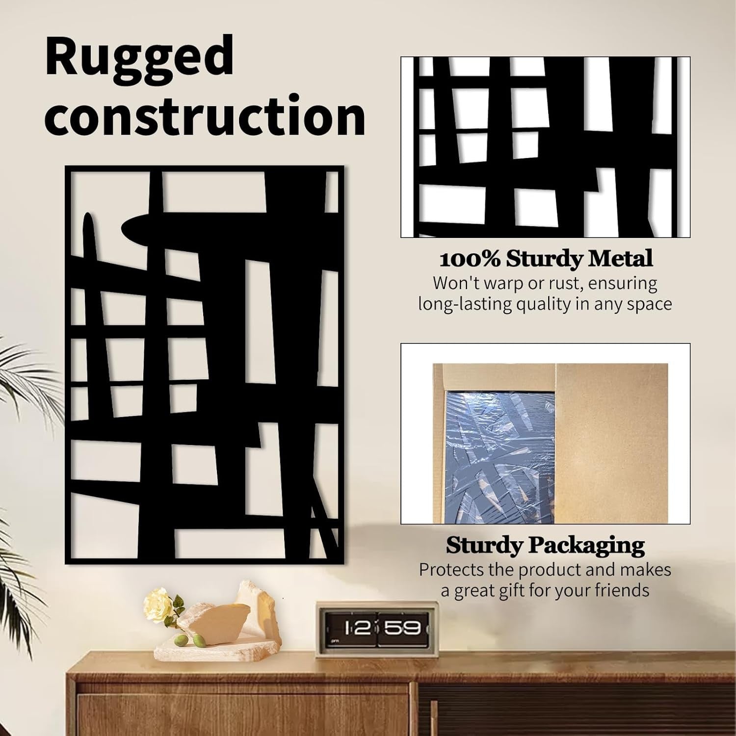 Black Metal Wall Art Set of 3 3D Abstract Panels 16x11in Modern