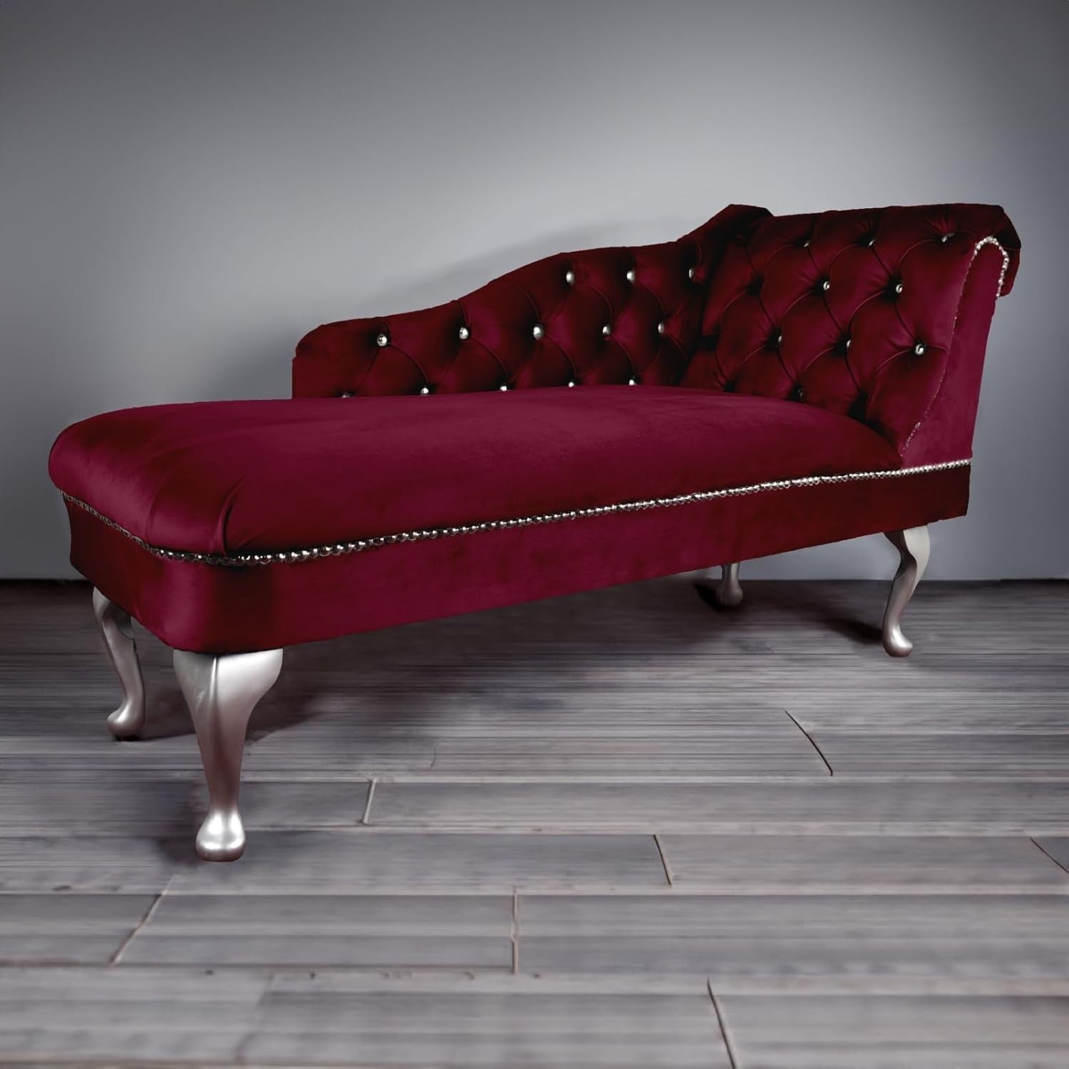 Velvet Chaise Lounge Sofa Right Hand Wine – Tufted Seat, UK Handmade