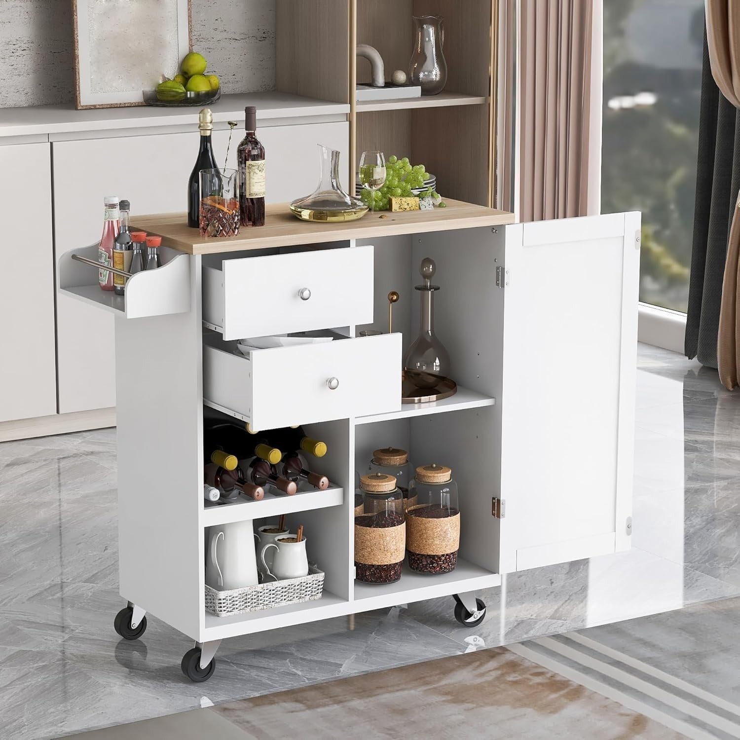 Rolling Kitchen Island Cart with Storage Drawers, Rubber Wood Top & Towel Rack