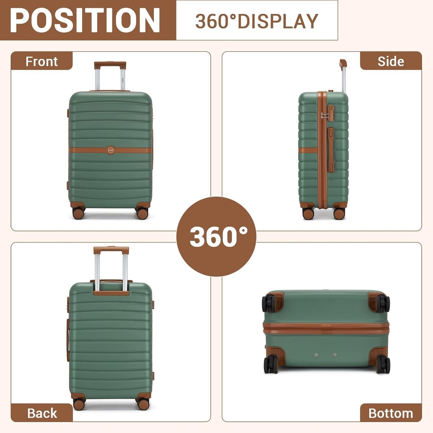 24'' Green Brown Check In Suitcase ABS PC Hard Shell Spinner Wheels Lock
