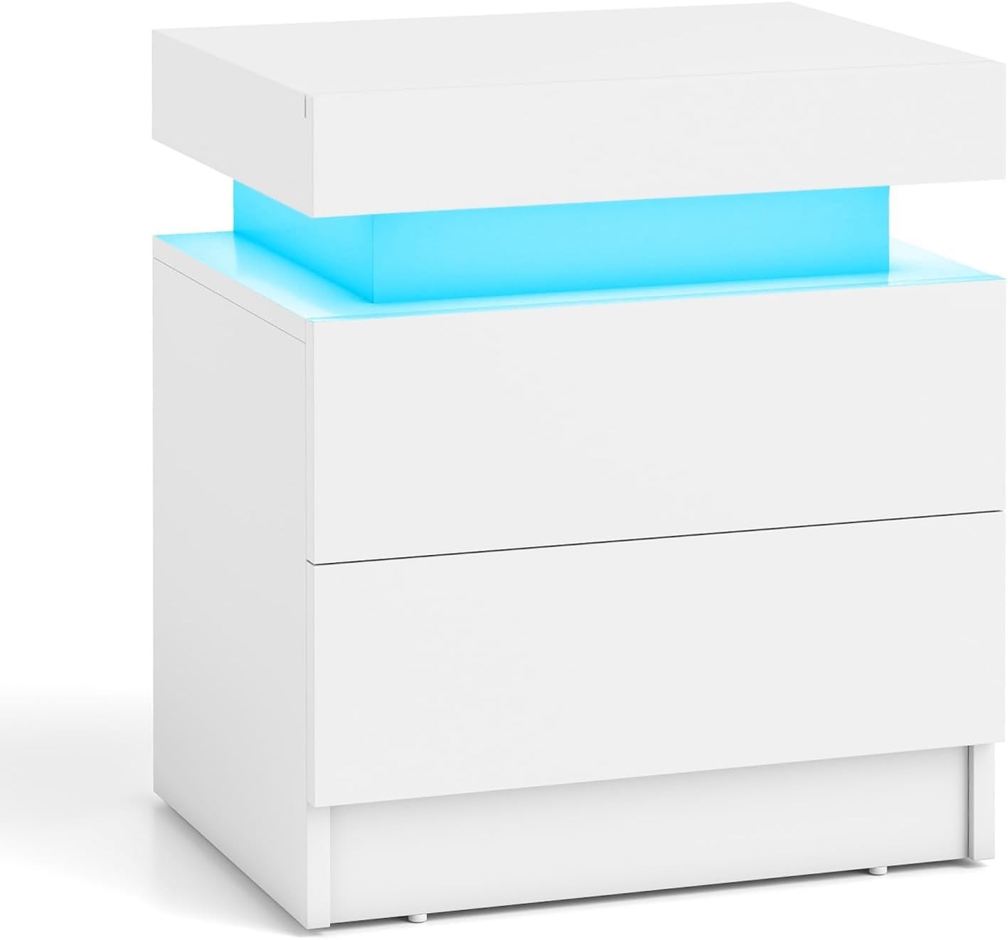 LED Bedside Table, White High Gloss Nightstand with RGB Lights & 2 Drawers