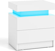 LED Bedside Table, White High Gloss Nightstand with RGB Lights & 2 Drawers