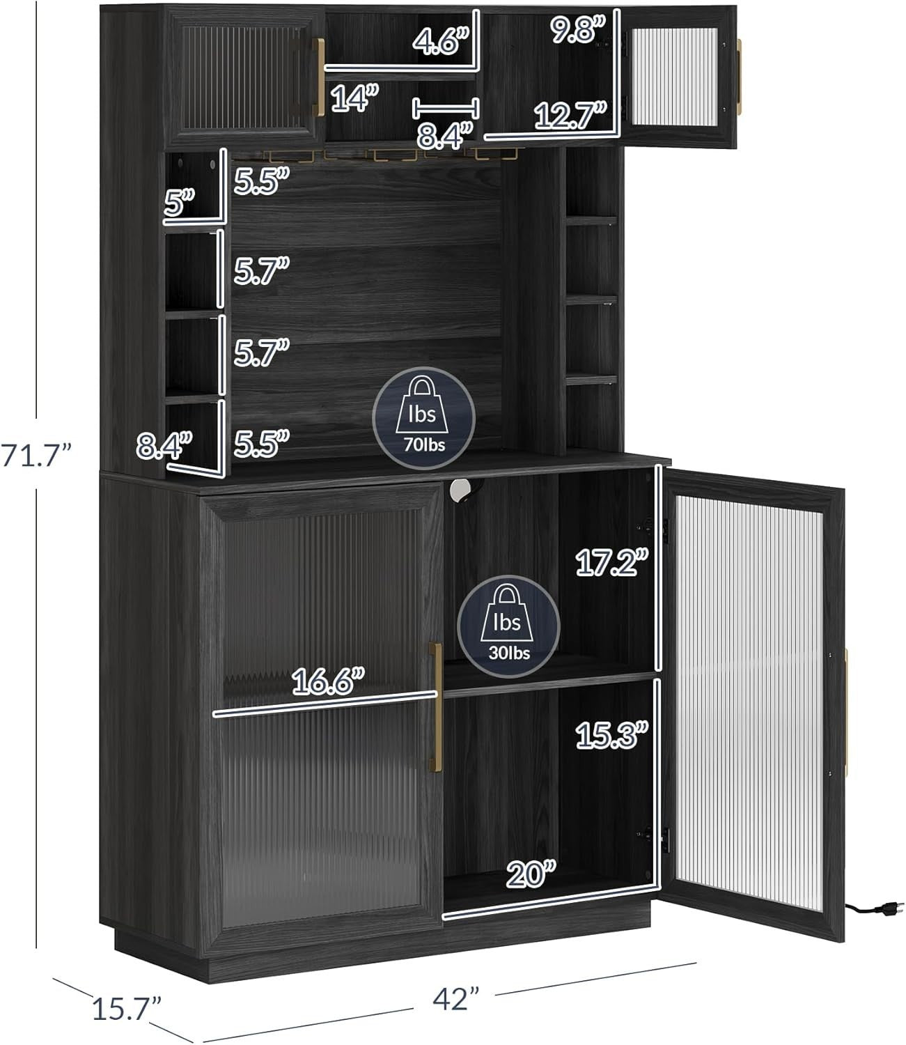 72" Wine Bar Cabinet with Hutch, Power Outlet, Storage Shelves & Glass Rack