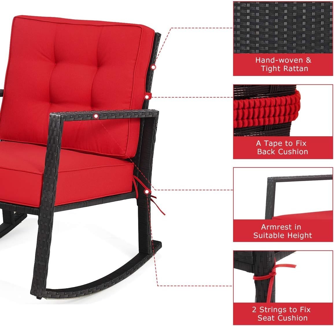 Outdoor Red Rattan Rocking Chair with Cushions & Armrests Patio Glider