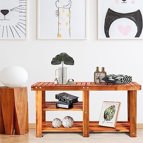 Large 3-Tier Acacia Wood Shoe Rack Bench Wide Storage Seat for Hallway Home