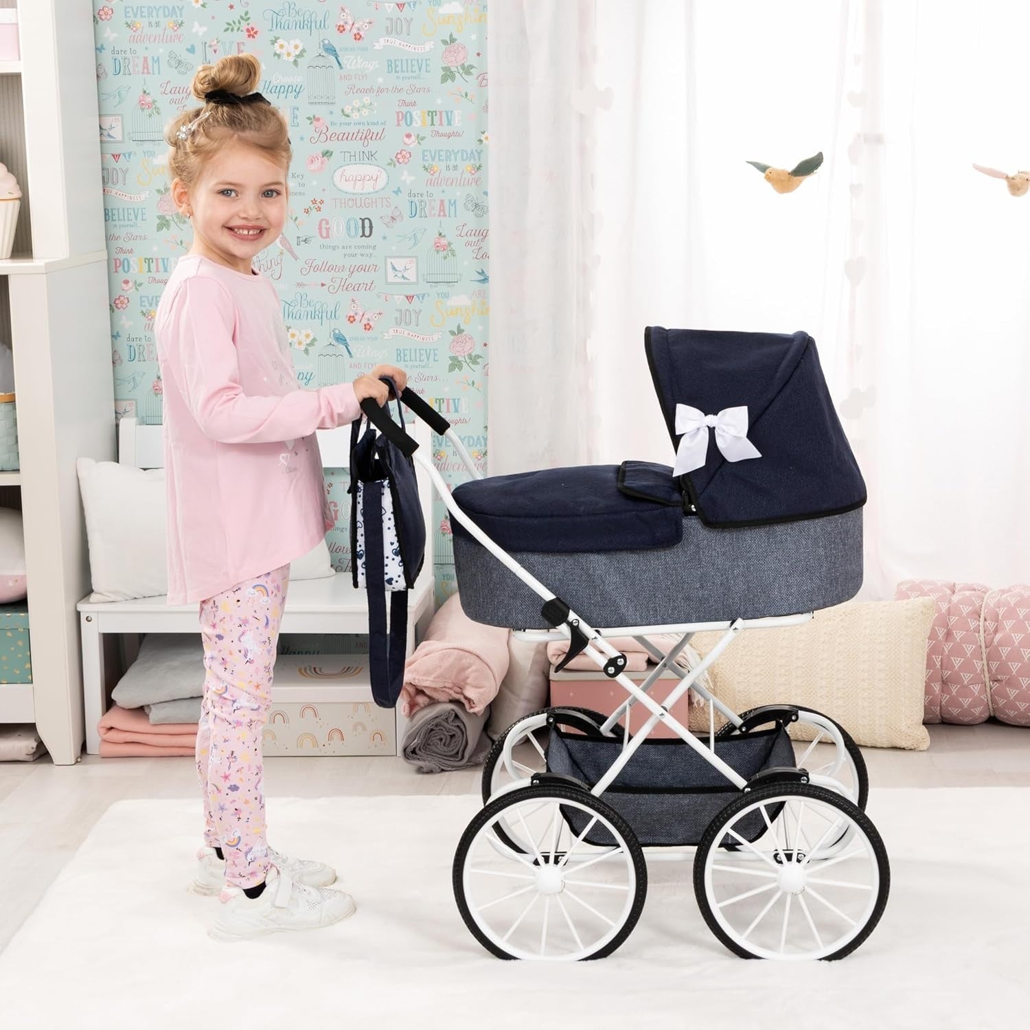 Classic Dolls Pram Nostalgic Style Foldable Pushchair Basket Bag