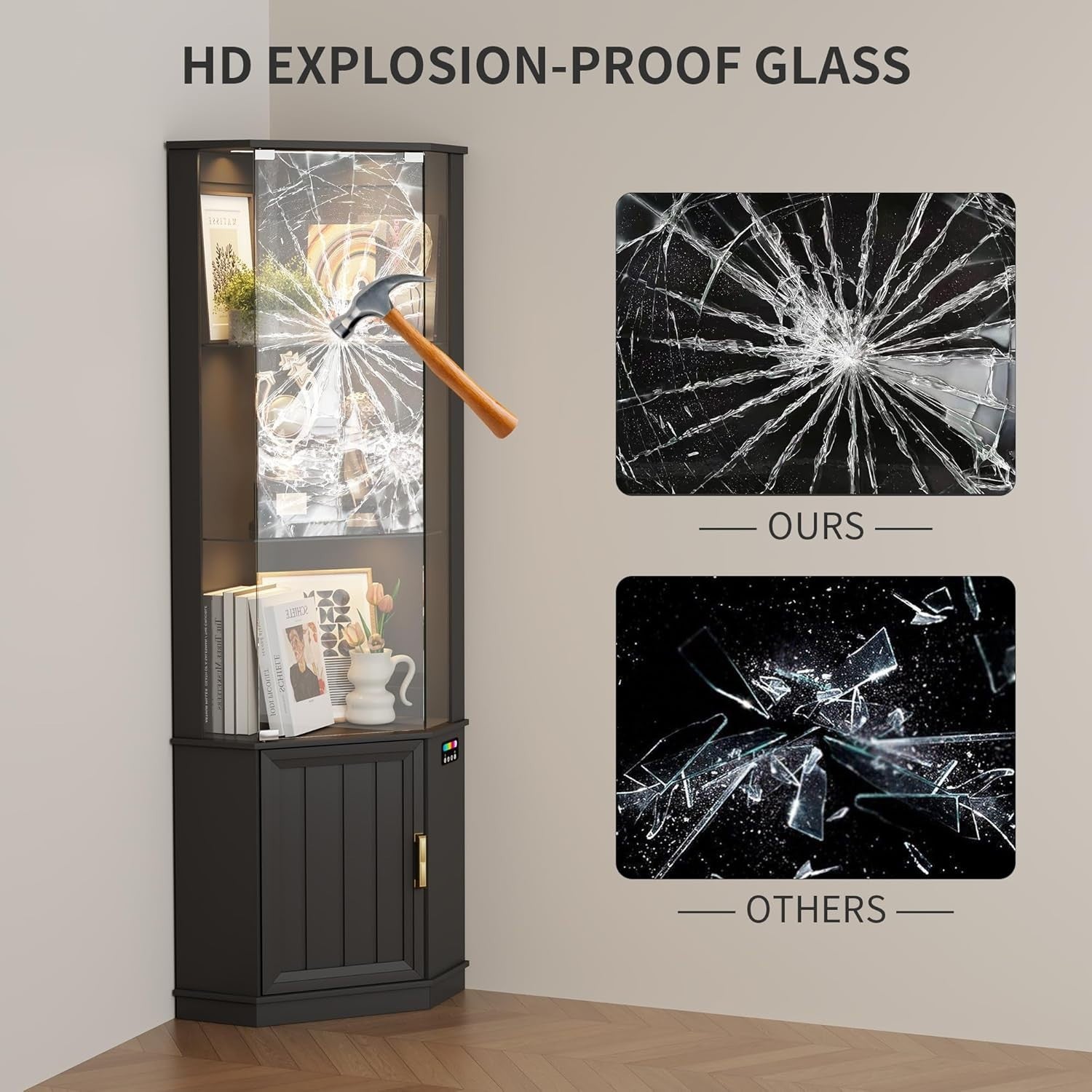 Corner Display Cabinet with RGB Lights, Glass Shelves & Motion Sensor