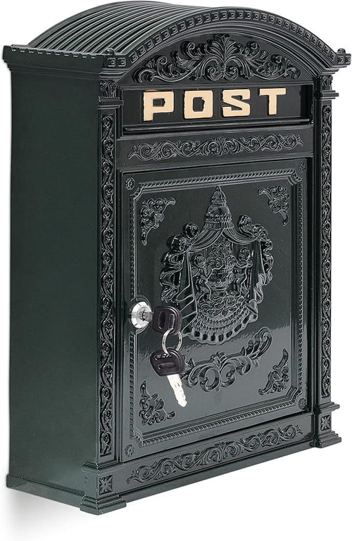 Wall Mounted Antique Mailbox Cast Aluminium Green – Lockable A4 Slot Secure