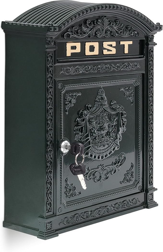 Wall Mounted Antique Mailbox Cast Aluminium Green – Lockable A4 Slot Secure