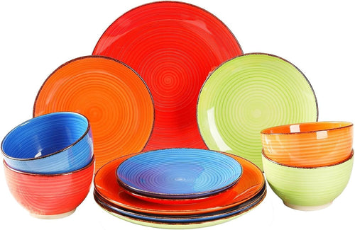 12pc Colourful Dinner Set Plates Bowls Hand Painted Stoneware Dishwasher Safe