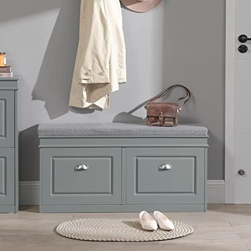 Grey Shoe Storage Bench with Seat & 2 Flip Drawers – Modern Hallway Organizer