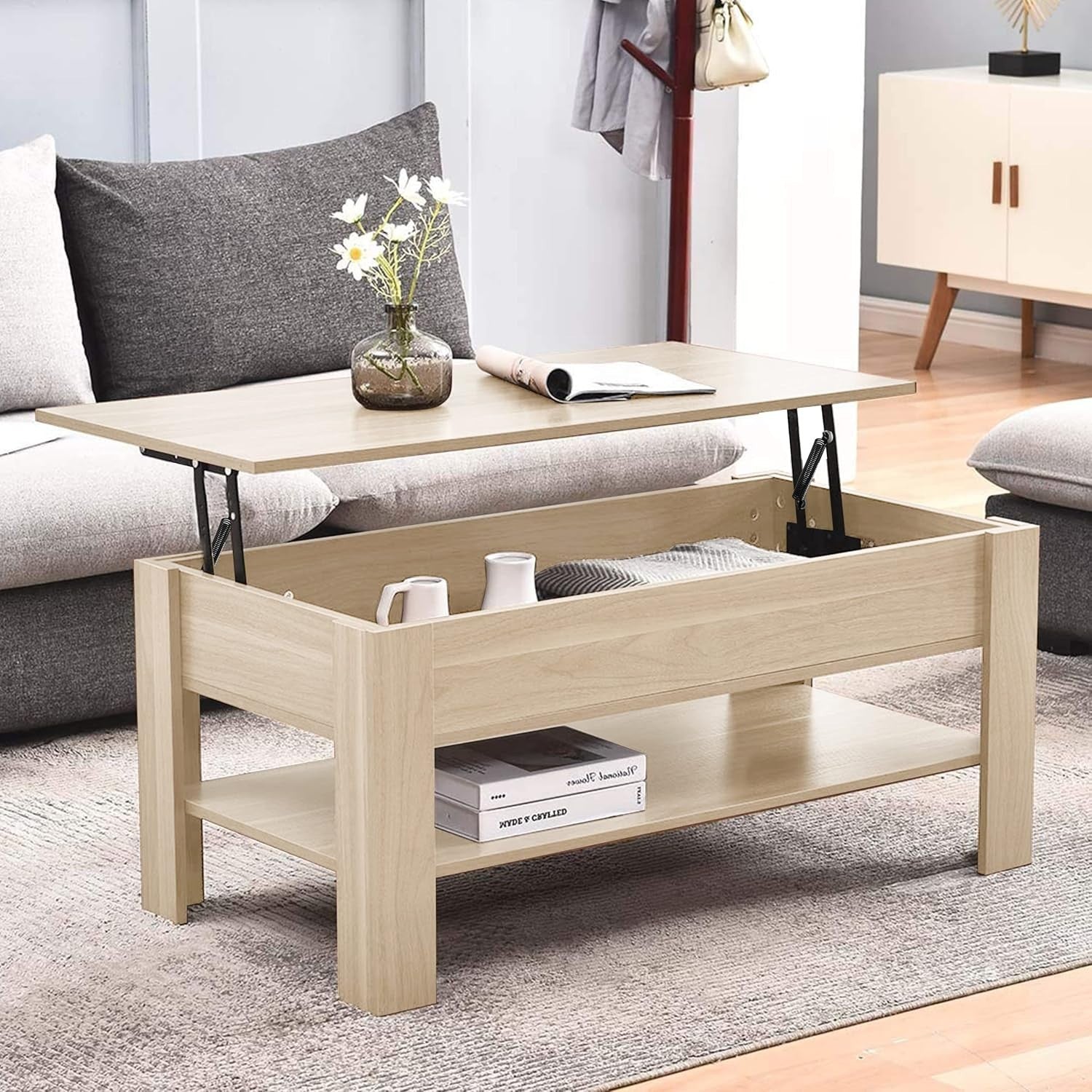 Lift Top Coffee Table with Storage Large Hidden Compartment Oak 120x60cm