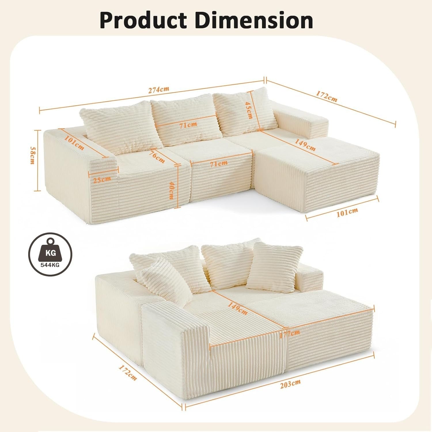 Oversized 3-4 Seater Modular L-Shaped Sofa Beige Memory Foam No Assembly