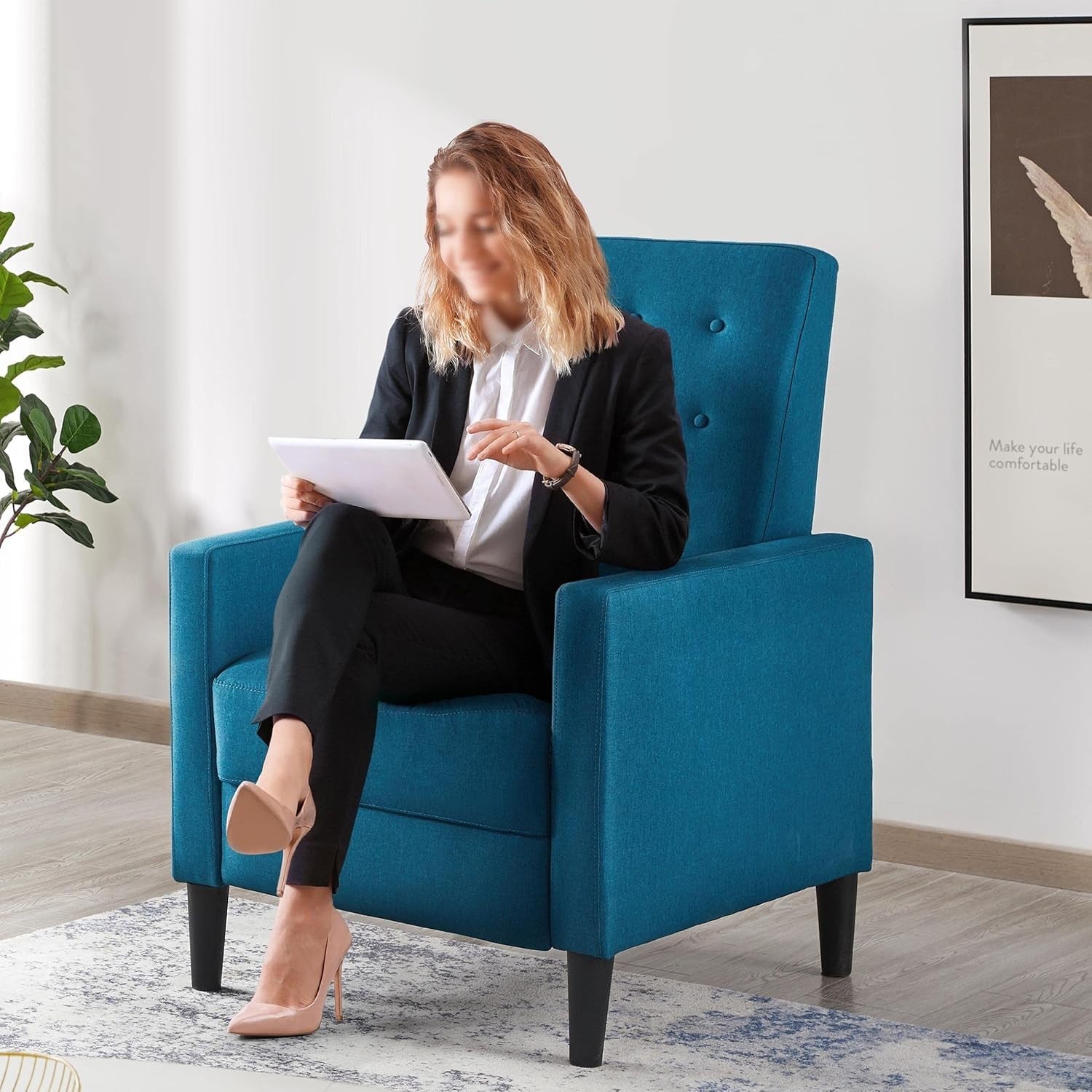 Blue Fabric Recliner Chair Adjustable Padded Seat Sofa Living Room Couch