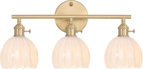 3-Light White Glass Wall Sconce Vanity Light Brass Fixture Bathroom Mirror