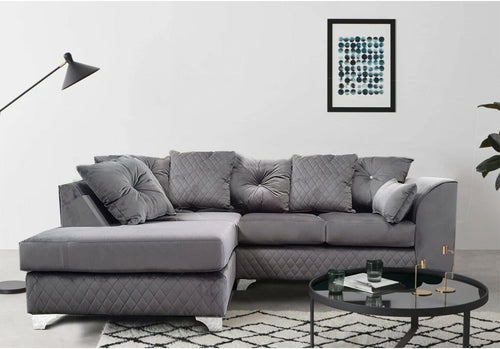 Plush Velvet Grey 4 Seater L-Shape Corner Sofa Left Hand Facing Chrome Feet