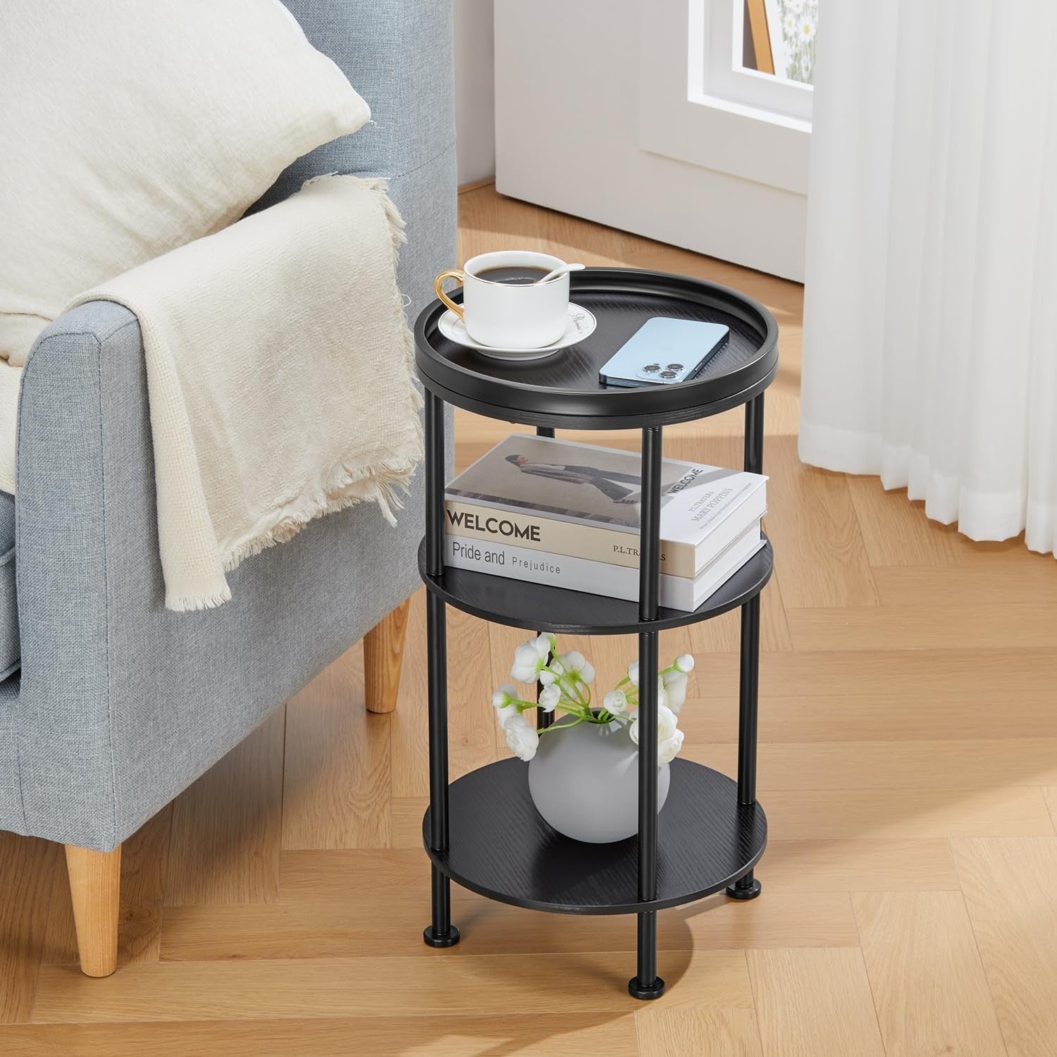 3 Tier Round Side Table with Storage Shelf Metal Frame Small Space 30x55cm