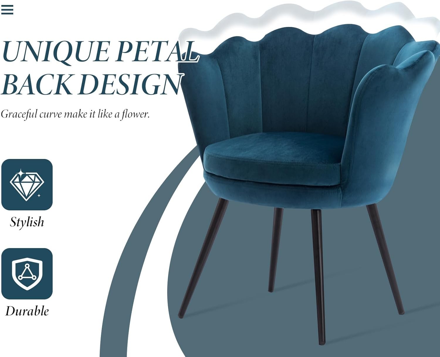 Teal  Velvet Lounge Chair Gold Legs | Petal Back Armchair for Bedroom